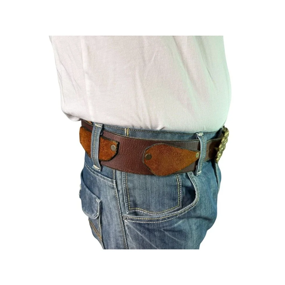 Vintage 70's Brown Leather & Suede Patchwork Belt w/ Floral Solid Brass Buckle L